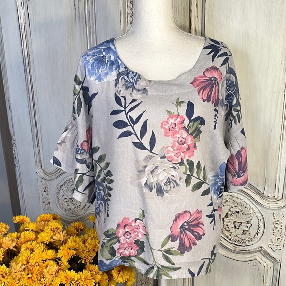 Laura Bianchi Made in Italy 100% Linen Floral Print Women's Top - Picture 1 of 10